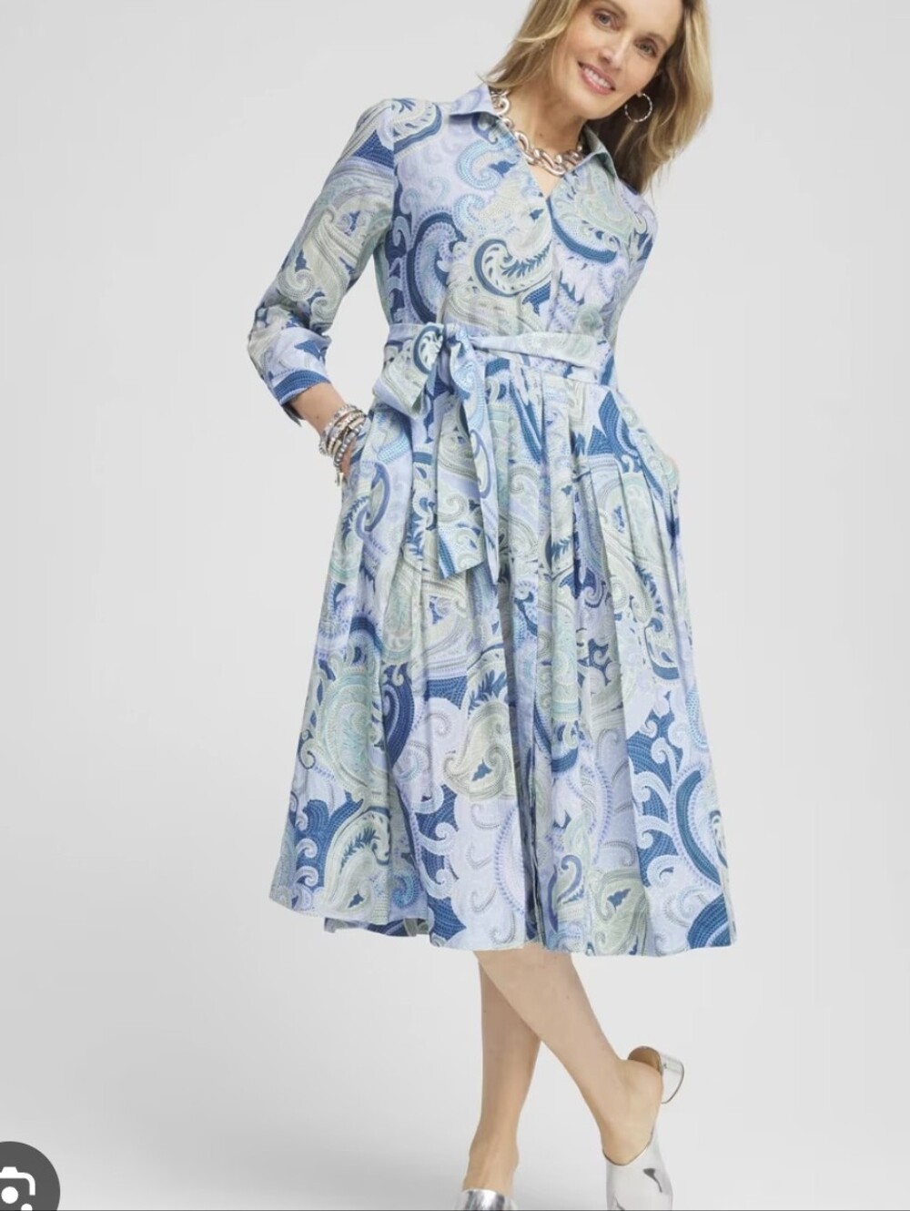 Chico's Paisley Shirt Dress in Light Blue and Navy with Pale Green Accents Sz.20